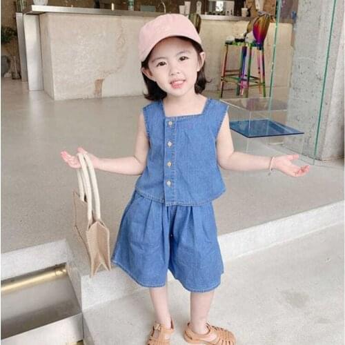 Summer Girls' Clothing Sets Denim Single-Breasted Vest Jacket + Pants Girls' Suit Baby Kids Clothes Suit Children Clothing