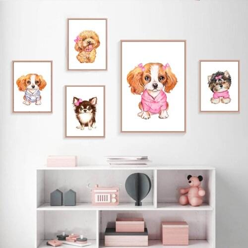 Cute Chihuahua Poodle Teddy Dog Bow Tie Nursery Poster Canvas Painting Wall Art Print Picture Child Bedroom Interior Home Decor