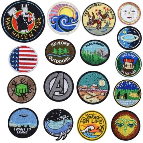 Outdoor Exploration Embroidery Patches Iron on Round Nature Badges DIY Thermo Sticker for Clothes Hole Patch Decorative Applique
