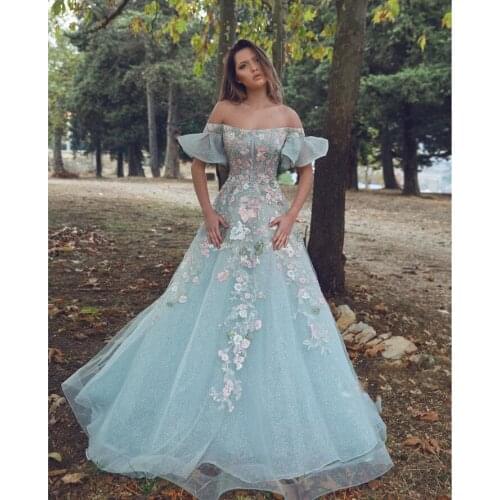 Delicate Appliques Lace A-line Evening Gowns Sweet Prom Gowns Princess 2021 Floor-Length Free Floral Tulle Evening Dresses