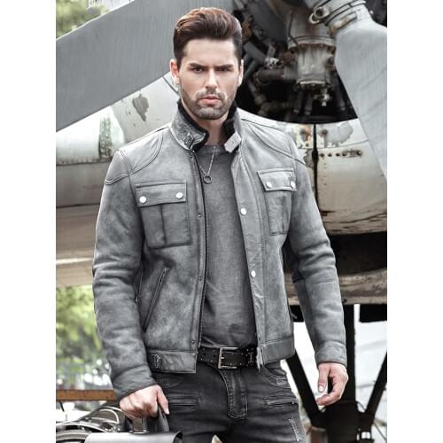 2019 New Mens Gray B3 Shearling Jacket Sheepskin Coat Motorcycle Fur Coat Thick Leather Jacket Mens Winter Coats