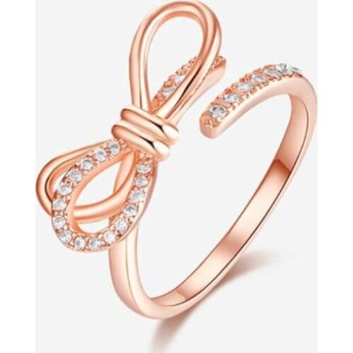 New Temperament Korean Style Fashion Bow 925 Sterling Silver Jewelry Personality Crystal Exquisite Opening Rings SR533