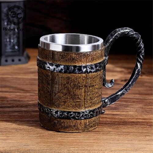 Vikings Vintage Style Stainless Steel Beer Mug Medieval Pirate Wooden Barrel Large-capacity Double layer Drinking Cup Ornaments