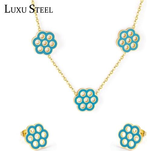 LUXUSTEEL Spring Ladies Flowers Jewelry Set Sweet Style Stainless Steel Gold Color Necklace Earring Brinco Collars