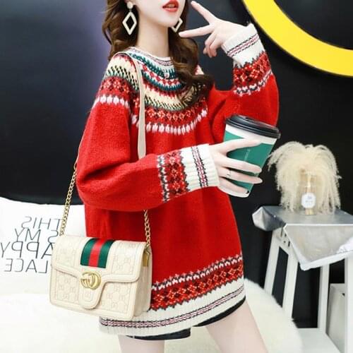 Christmas Womens New Loose Ethnic Style Long Pullover Sweater Literary Round Neck Wear Retro Jacquard Knitted Top