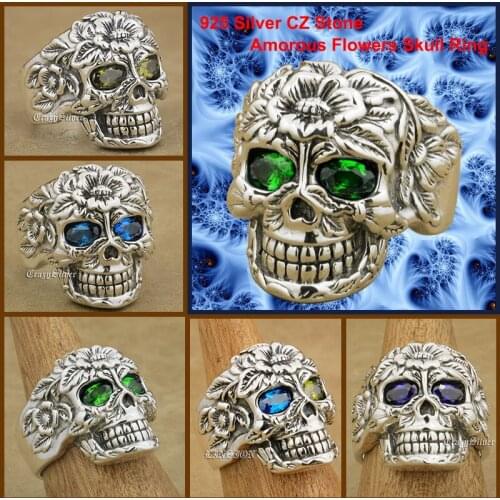Solid 925 Sterling Silver Cool Knight Individuality Amorous Flowers Skull Ring Punk Rock Retro Fashion CZ Stone Ring 9W123405