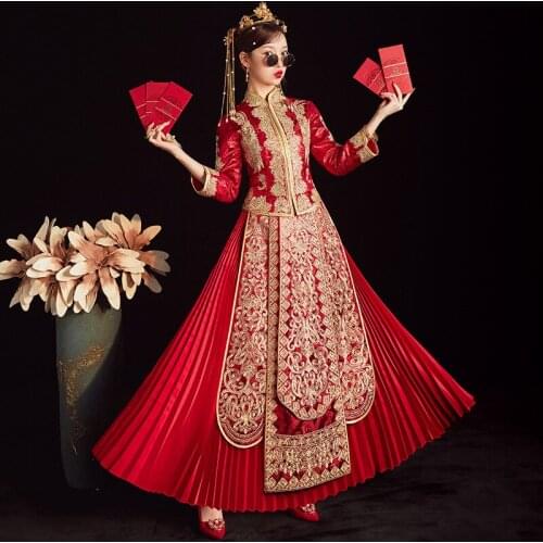 High-End New Design Embroidery Chinese Traditional Couple Wedding Dress Long Cheongsam Stylish Elegant Bride китайская одежда