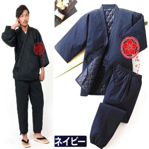 Jinbei Japanese Kimono Haori Men Quilted Home Clothes Semi-wrapped Warm Japan Style Cotton Asian Cloth Yukata Pajamas Sets