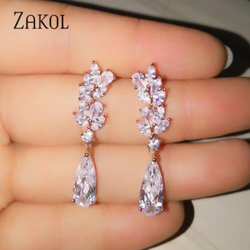 ZAKOL White Color Flower Shape CZ Zircon Water Drop Crystal Pendant Dangle Earrings for Women Leaf Bridal Wedding Jewelry EP50L