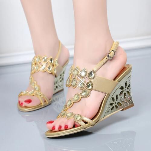 D Knight Women Summer Wedges Sandals Fashion High Heels Open Toe Crystal Sandals Ladies Rhinestone Bohemia Beach Sandals Shoes