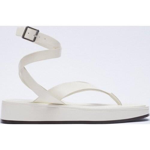 2021 Summer Sandals Women Ankle Strap Buckle Strap Genuine Leather Gladiator Sandalias Mujer White Casual Flats Flip Flops