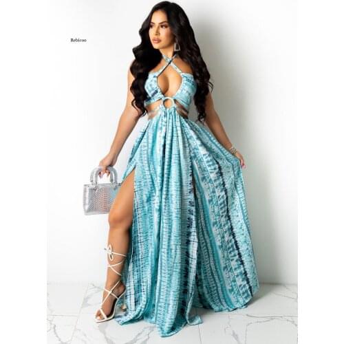 Sexy Halter Ladies Dress Large Size Women Sleeveless Lace Up Hollow Fashion Printed Irregular Split Large Swing Long Dress