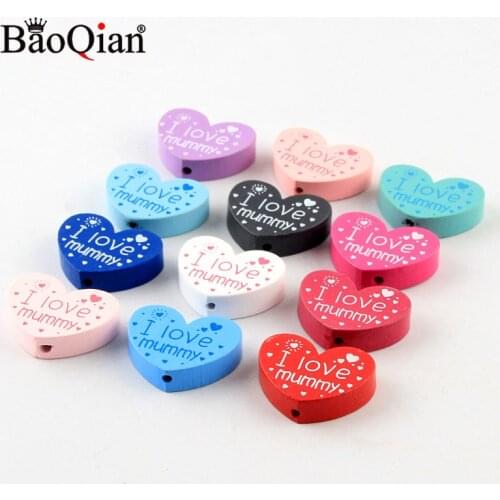 10pcs/lot Multicolor Heart-Shaped I Love Mummy Natural Wood Beads HandmadeBbaby Molar Toys Accessories Diy Home Decoration Craft