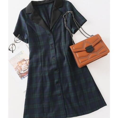 Summer dress 2021 elegant mini dress women short sleeve dress notched collar plaid dresses sashes button up dresses office lady