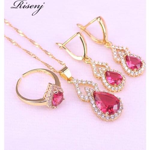 Big Water Drop Rose Red Rose Gold Costume Jewelry Adjustable Ring Earrings Necklace Set Bridal Jewelry Drop Shipping JS28