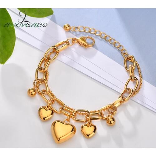Nextvance Trendy Three Hearts Double Chains Gold Color Charm Bracelets Simple Women Stainless Steel Bangles