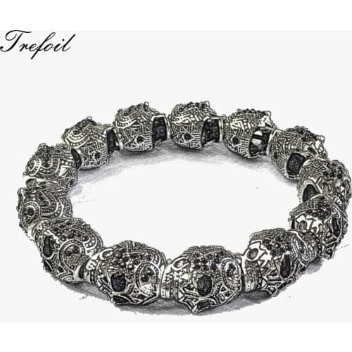Bracelet Strand with Skull Pave Beads, 2018 New Blackened Silver Fashion Indian Jewelry Punk Gift for Men Boy Women Girls