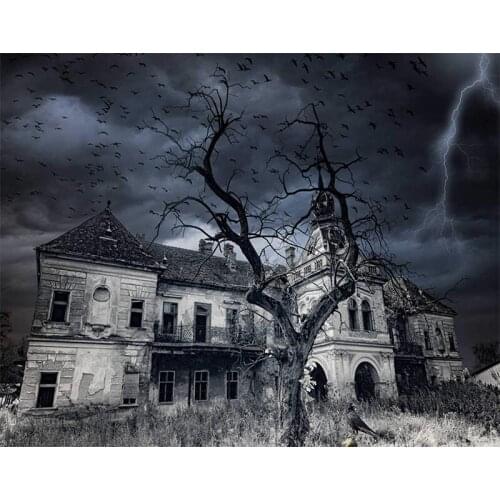 Abandoned Building,Creepy Castle Flock of Birds Tree Lightning 5D Diy Diamond Painting Full Embroidery Moasic Art Home Decor