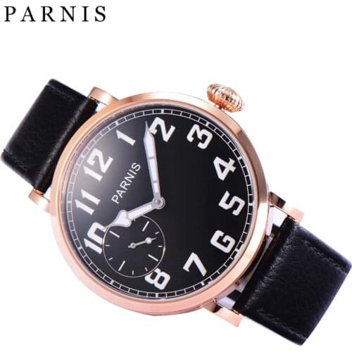 Casual Hand-Winding Watches Men 46mm Parnis Rose Gold Watch 50M Water Resistant Genuine Leather Watchband Mens Wrist Watches