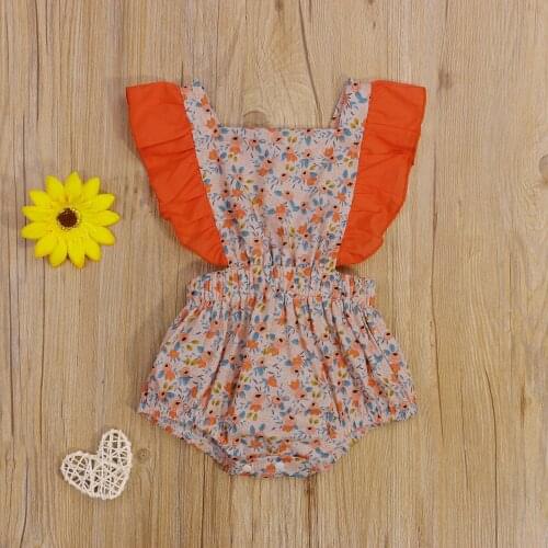 Baby Girls Summer Romper Floral Frilly Square Neck Sleeveless Backless Lace-Up Jumpsuit for Toddlers, 0-24 Months