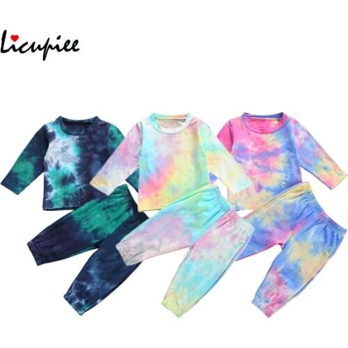 Children Long Sleeves Long Pants Suit Newborn Boys Girls Tie-dye Printed Clothes Set, Autumn Round Collar Tops Trousers 1-5 Year