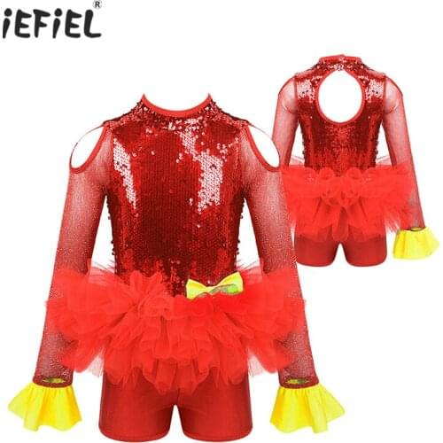 Kids Girls Shiny Tulle Long Sleeves Sequins Ballet Dance Leotard Jumpsuit Tutu Dress Clothes Contemporary Lyrical Dance Costumes