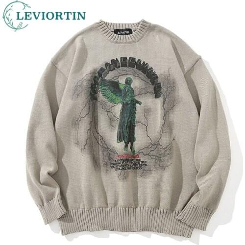 Hip Hop Men Knitted Jumper Sweaters Angel Lightning Print Streetwear Harajuku Autumn New Chino Hipster Casual Pullovers Clothing