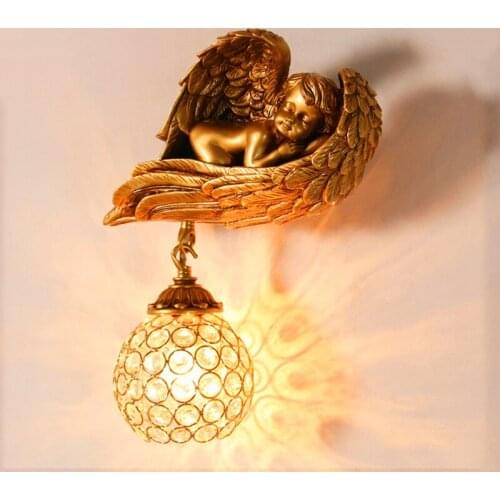European Classical Angel Wall Lamp Childrens Bedroom Bathroom Sconce Wall Living Room Hotel Crystal Wall Lamp Retro Art Lamps