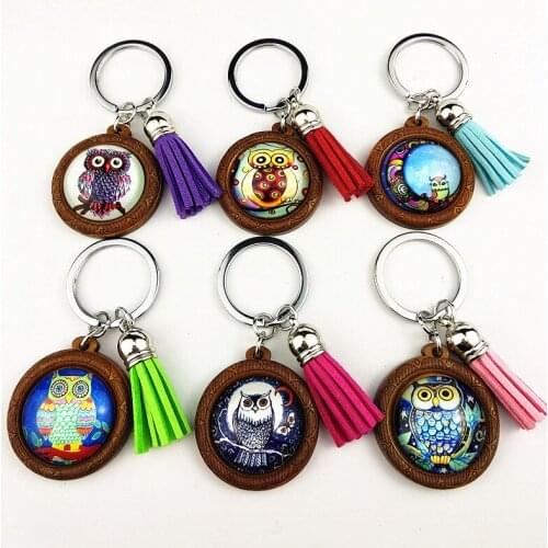 Jiangzimei 24pcs cartoonowl 25mm Wood Cabochon Stainless Steel Keychain with tassels glass Cabochon wood Keychain wholesale