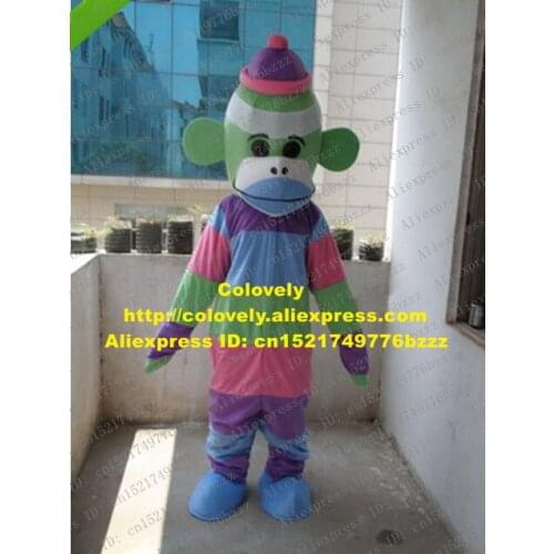 Cool Colorful Sock Monkey Mascot Costume Mascotte Samll Monkey With Big Blue Mouth Colorful Stripes Skin Adult No.943 Free Ship