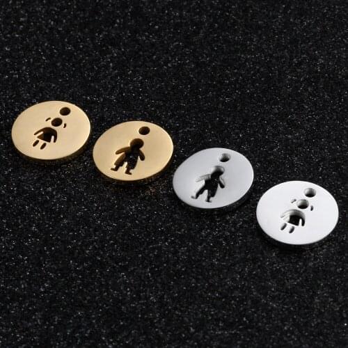10pcs/Lot Stainless Steel Round Hollow Little Boy And Girl Charms Pendant DIY Jewelry Making 12mm