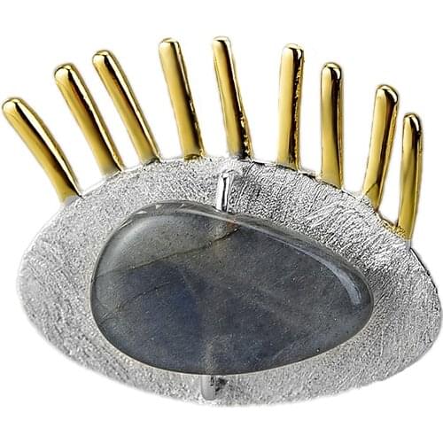 Lotus Fun Real 925 Sterling Silver Natural Labradorite Creative Fine Jewelry Interesting Golden Eyelashes Brooches for Women