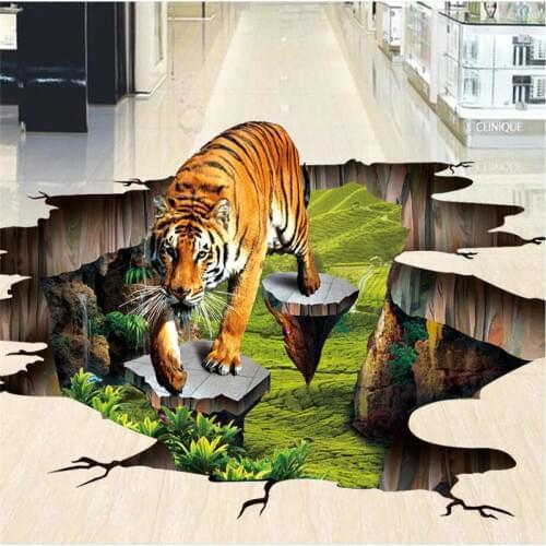 Customized large - scale thrilling real 3D tiger floor waterproof anti - skid self - adhesive decorative 3d floor stickers