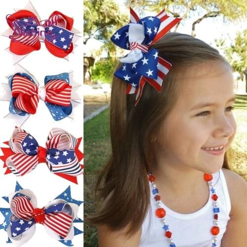 Nishine Infant Print American Flag Star Bow Hair Clip Red White Blue Stripe Ribbing Hairpin Baby Girl Headwear Accessories