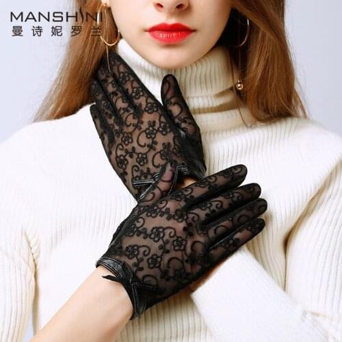 Spring And Summer Woman New fashioned driving gloves lace block genuine leather gloves sheepskin thin slip-proof glovs L081
