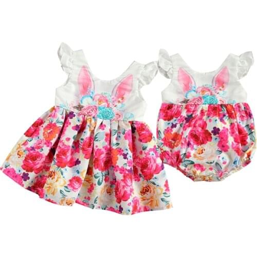 Lioraitiin 0-6Years Toddler Baby Girl Casual Clothing Flower Rabbit Pattern Fly Sleeve Romper Dress Family Mathching Outfit
