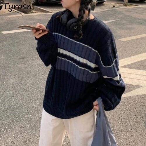 Sweater Pullovers Women Patchwork Ribbed O-neck Chic Teens Unisex Couples Loose Long Sleeve Knitted Tops Harajuku Korean Style
