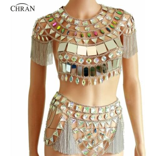 Chran Fringe Chain Festival Costume Crop Top Sequin Rave Outfit Body Jewelry Boho Gypsy Cosplay Wear
