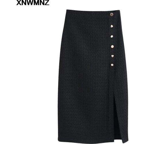 XNWMNZ Women 2021 Fashion textured Woolen skirt with buttons Black Vintage high-waist slit midi Female skirts Faldas Mujer Moda