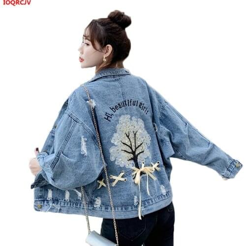 2020 New Denim Jacket Flower Embroidery Hole Design Jean Coat Causal Long Sleeve Women Outwear Short Fashion Top Clothes W1893