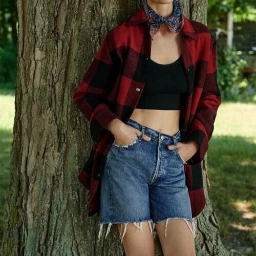 PUWD Vintage Women Red-Black Plaid Shirt Jacket Fad Vogue Ladies Long Sleeve Side Pocket Blouse Female Casual Soft Outerwear