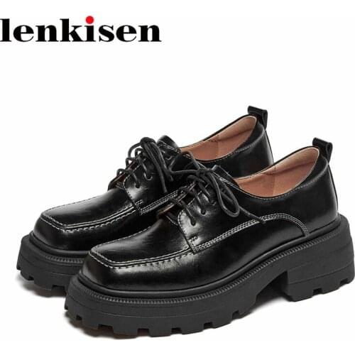 Lenkisen genuine leather square toe high heels British style vintage solid platform concise high quality lace up women pumps L29