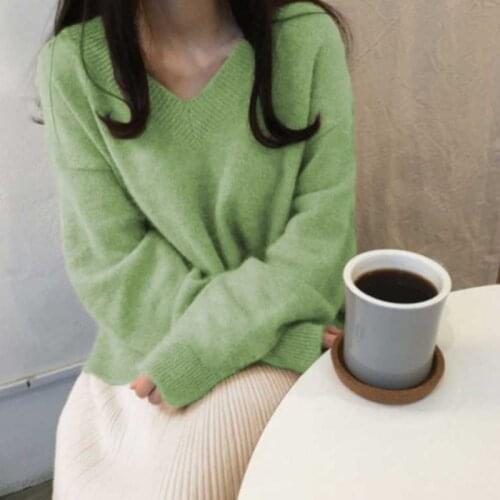 2021 New Oversize Sweater Women Ribbed Knitted V Neck Loose Pullovers Casual Solid Autumn Winter Clothes Women Green Pink Black