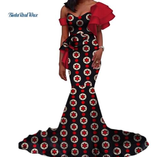 Vintage Vestidos Bazin Long Mermaid Dress Draped Patchwork African Print Dresses for Women African Ankara Clothing WY3346