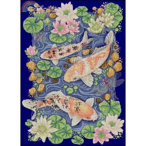 Gold collection beautiful counted cross stitch kit goldfishes goldfish fish of gold color, two fishes and lotus flower