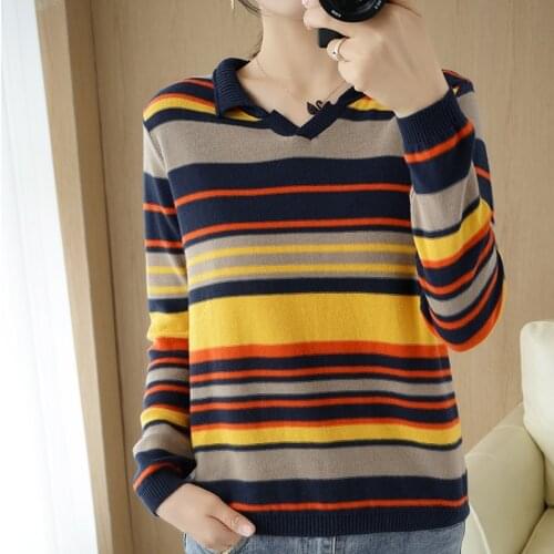 100% Cotton Striped Plus Size Knit Sweater Womens V-Neck Pullover Bottoming Pure Cotton Sweater Early Autumn New Autumn Clothes