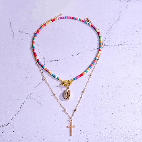 2Pcs/Lot Mix and Match Layers Cross Shell Pendant Necklaces Set For Women Fashion Colorful Bead Chains Jewelry 2021 Bijouterie