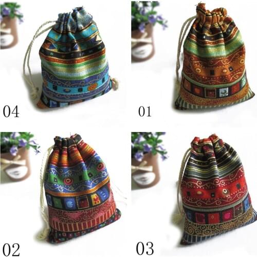 3Pcs 9.5cm X12cm Cotton Gift Bags Multicolor Tribal Tribe Drawstring Jewelry Bags Pouches Package Storage Chinese Ethnic Style