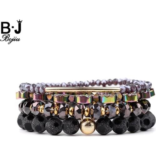BOJIU 3Pcs/Set Faceted Purple Gray Crystal Beads Bracelets For Women Black Stone Gold Cylinder Bracelet Femme Jewelry BCSET162