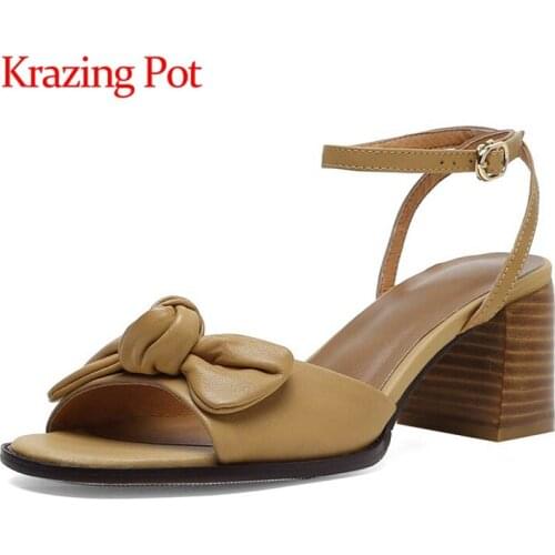 Krazing pot genuine leather high heels round toe Princess style young lady butterfly-knot buckle straps women summer sandals L16